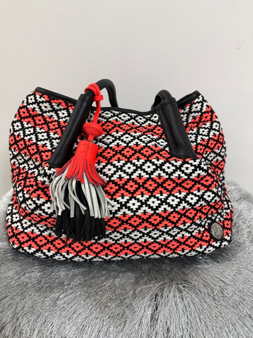 Vince Camuto Red Black White Woven Tote with Tassel